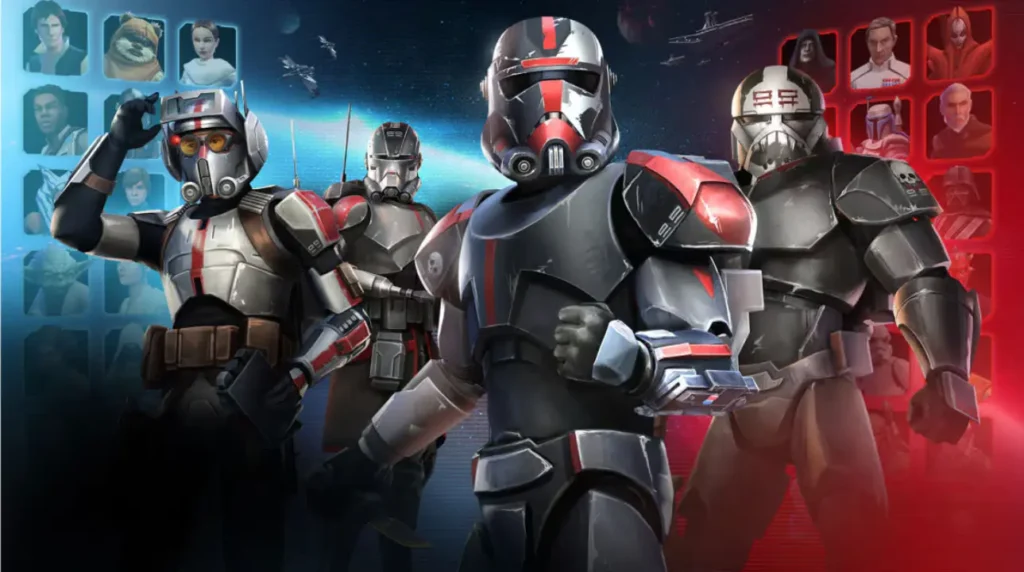 The Bad Batch clone troopers from Star Wars stand ready for battle, with hero and villain character portraits in the background, featured in Galaxy of Heroes.