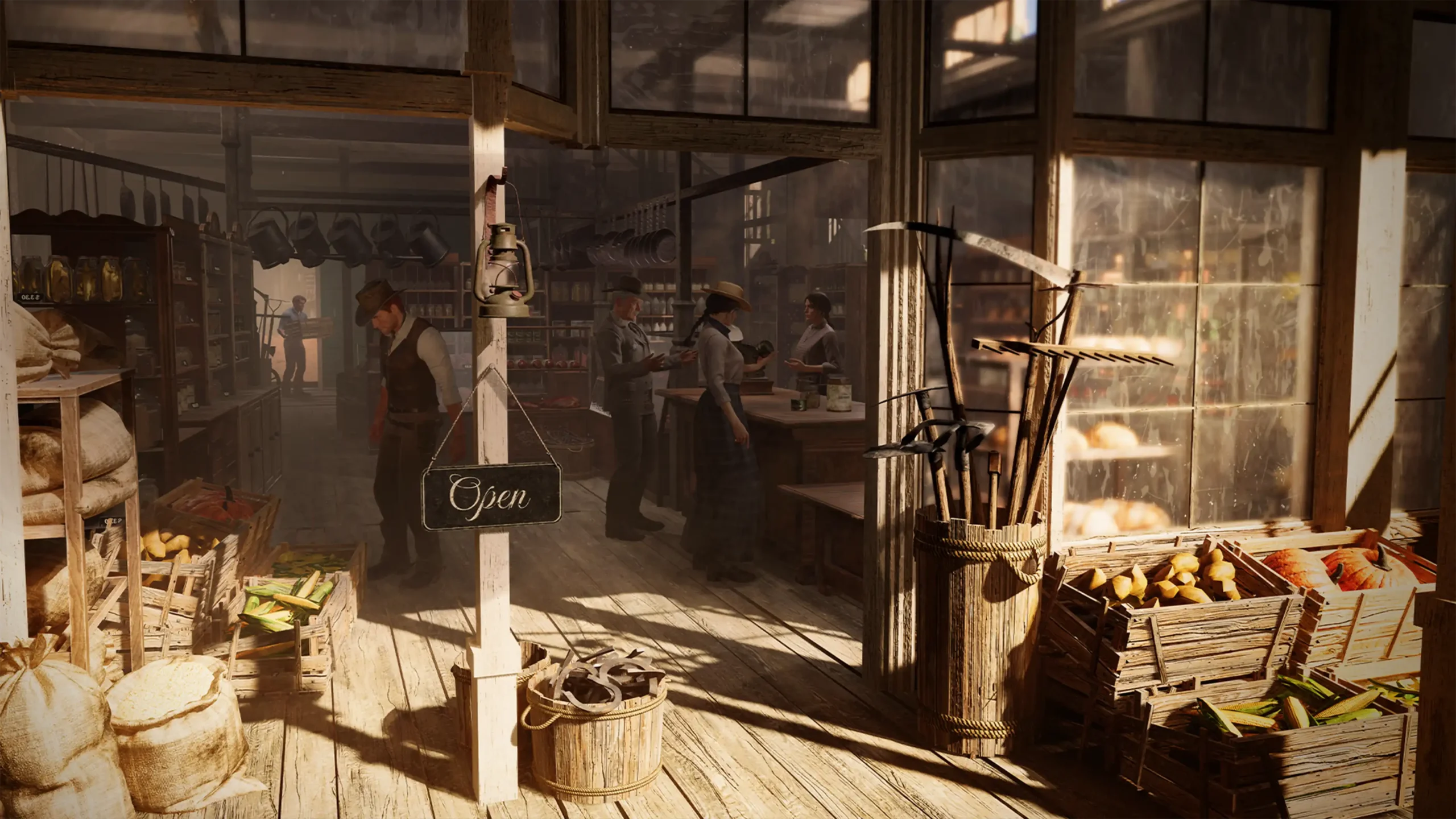 Screenshot of Wild West General Store Simulator showing the interior of a rustic general store with shelves, produce crates, and NPCs shopping.