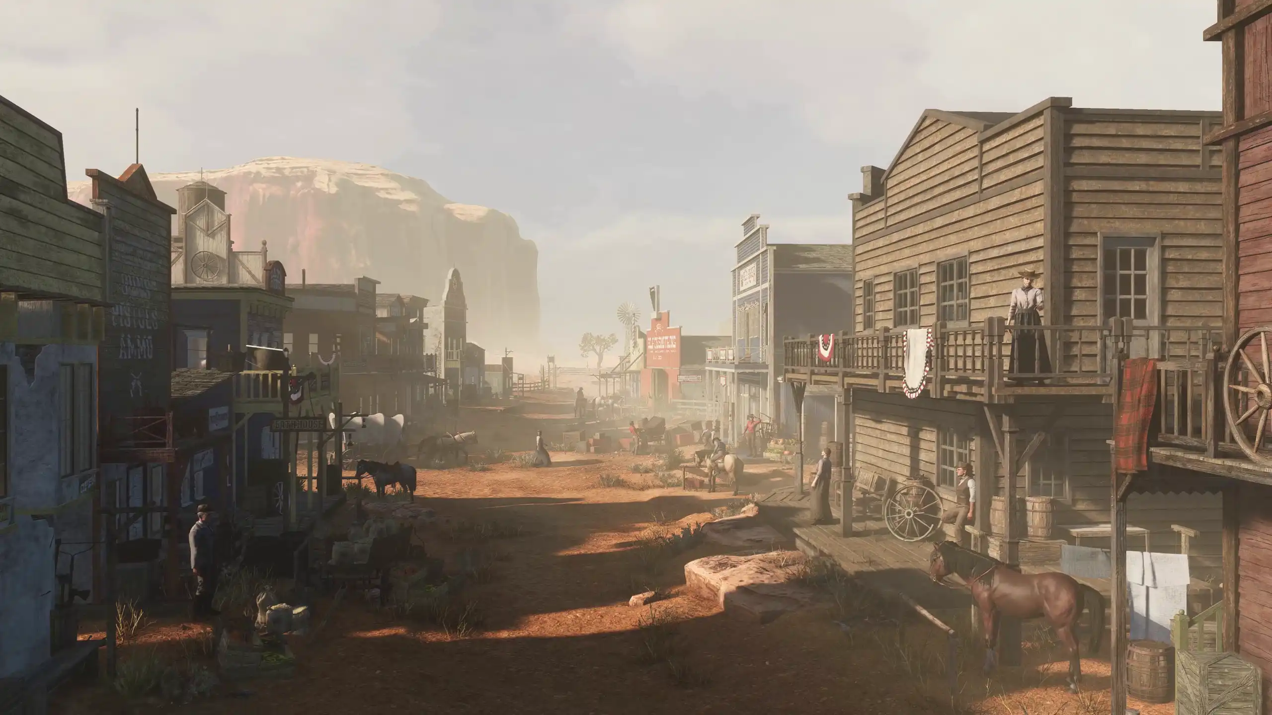 Screenshot of Wild West General Store Simulator showing a rustic frontier town with wooden buildings, horse-drawn carts, and bustling NPCs.