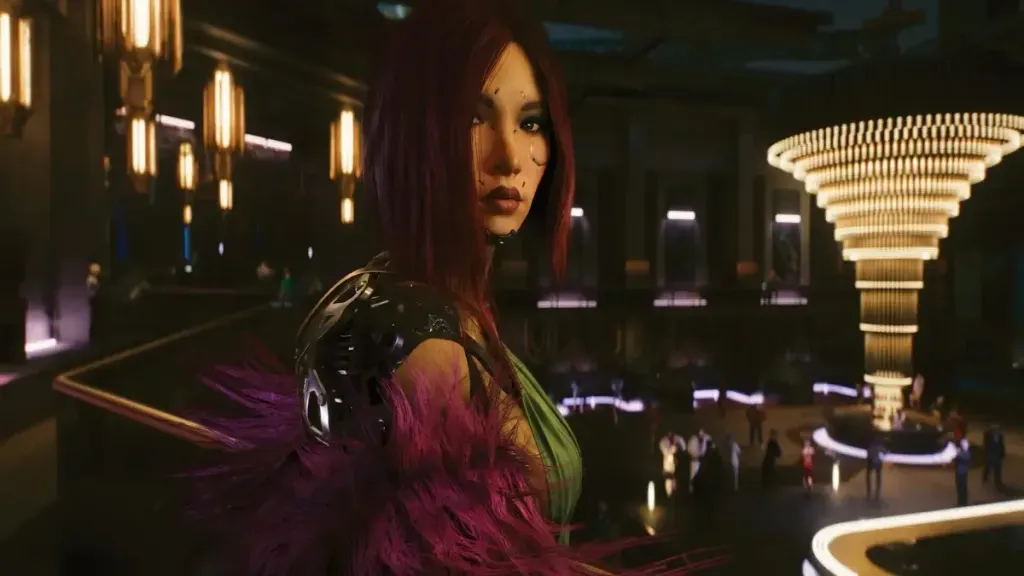 Female character standing in a neon-lit futuristic environment from Cyberpunk 2077