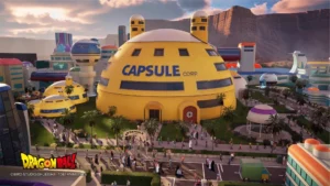 A vibrant theme park area showcasing Capsule Corp headquarters with crowds of visitors and futuristic architecture, inspired by the Dragon Ball anime series.