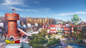 Nighttime rendering of the Dragon Ball theme park illuminated with vibrant lights, featuring Shenron’s statue, futuristic buildings, and themed attractions across the landscape.