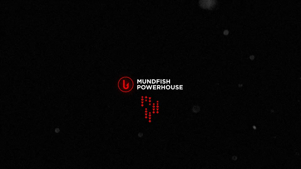Mundfish logo with dark background from Atomic Heart intro sequence

