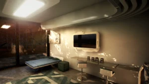 Modern cabin interior with bed, desk, and screen at sunset in heath death survival train