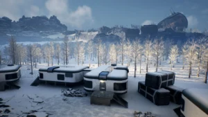 Snow-covered outpost with modular buildings and distant wreckage.