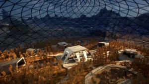 Biodome shelter with autumn trees and futuristic structures inside.