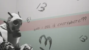 Masked figure in gas suit beside wall marked with “Why 13?”