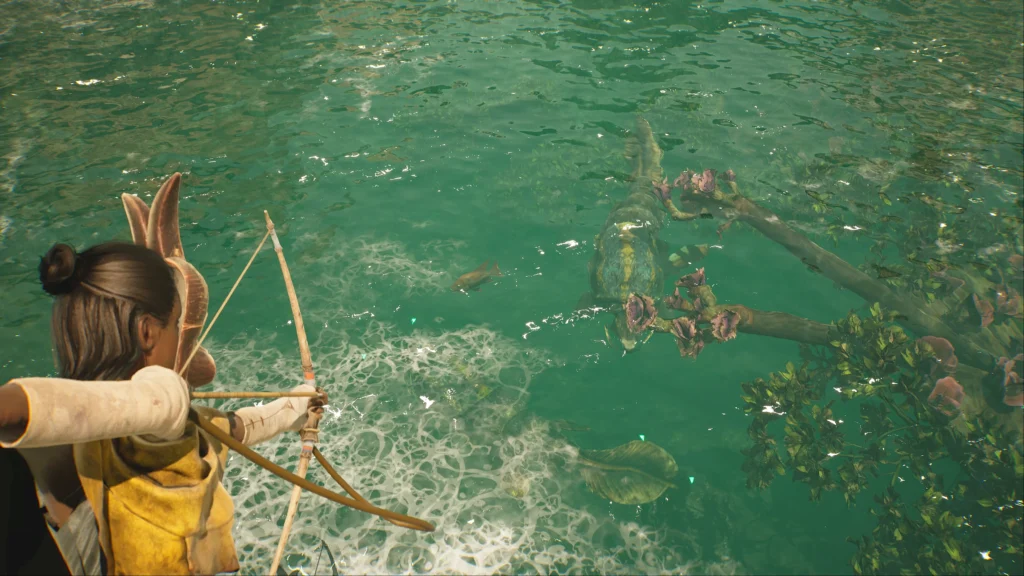 Player aiming a bow at a large aquatic creature beneath the surface in Towers of Aghasba