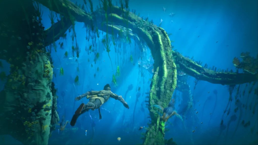 Player swimming through a vibrant underwater forest in Towers of Aghasba, surrounded by glowing aquatic vegetation