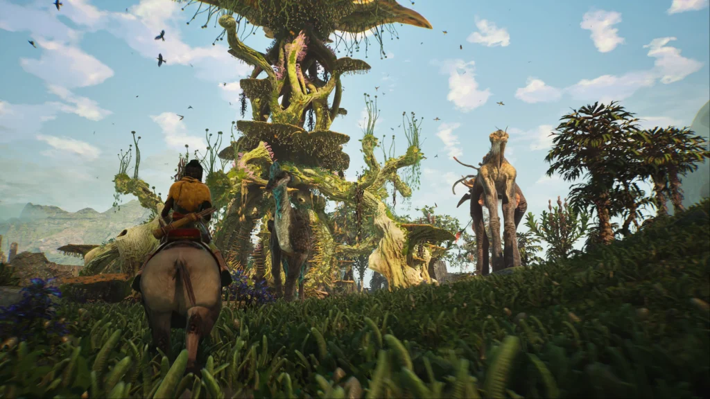 Player riding a creature toward a colossal bioluminescent tree city in Towers of Aghasba