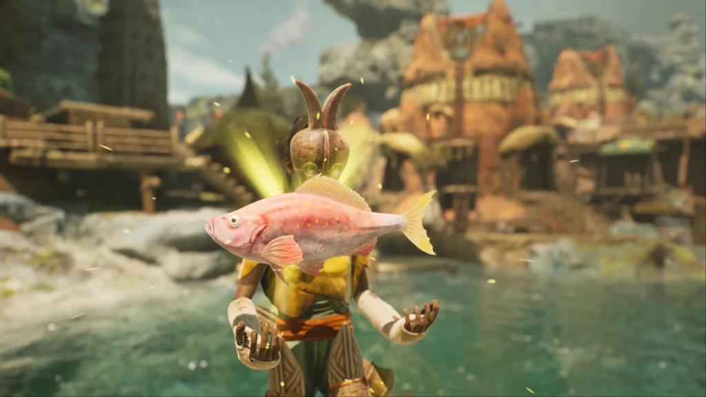 Character presenting a glowing pink fish in front of a coastal village in Towers of Aghasba