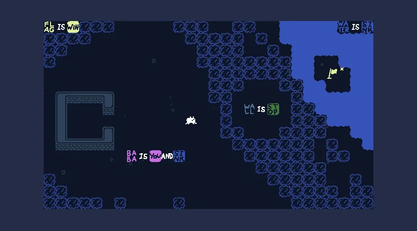 Screenshot of Baba Is You showcasing a puzzle level with movable blocks and simple design.