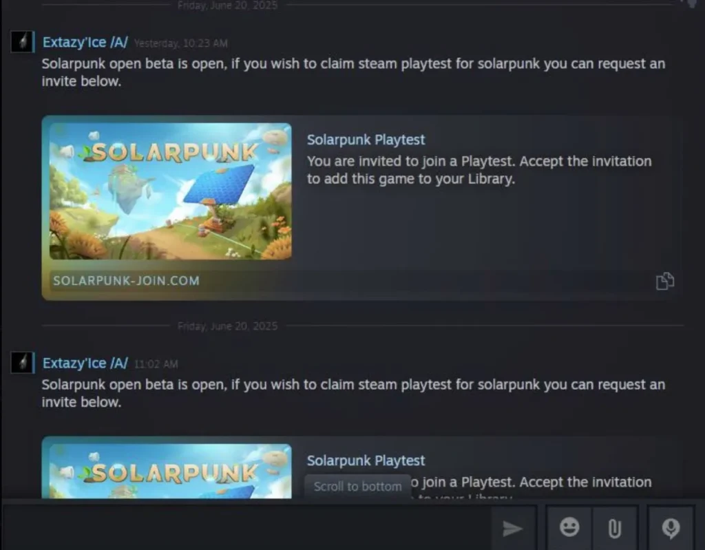 Discord message promoting a fake Solarpunk Steam playtest with a phishing link to solarpunk-join.com, designed to mimic official game invites.