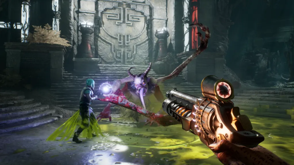 Player aiming a shotgun at a grotesque demon boss in a temple-like arena, with a teammate