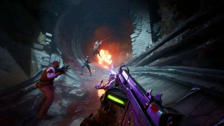 Players engage in a chaotic firefight deep in a crumbling underground tunnel, facing off against a demonic enemy engulfed in flames. The scene highlights the co-op gameplay and gothic atmosphere of Painkiller's reimagined world.

