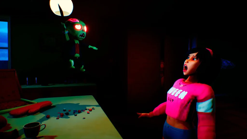 Terrified girl in pink sweater screams as a glowing-eyed doll leaps at her in a dark kitchen scene from Hitori Kakurenbo Online