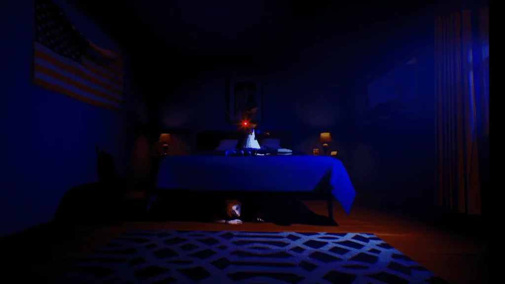 Creepy doll on bed as girl hides in Hitori Kakurenbo Online