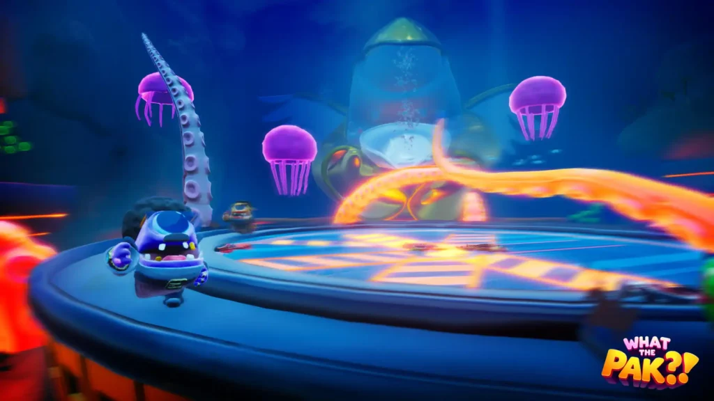 Gameplay screenshot from WHAT THE PAK?! featuring colorful characters and floating jellyfish on a mini-game platform