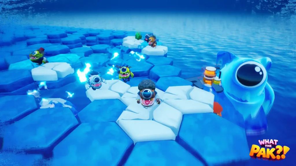 WHAT THE PAK?! ice arena mini-game with players slipping and punching across frozen platforms