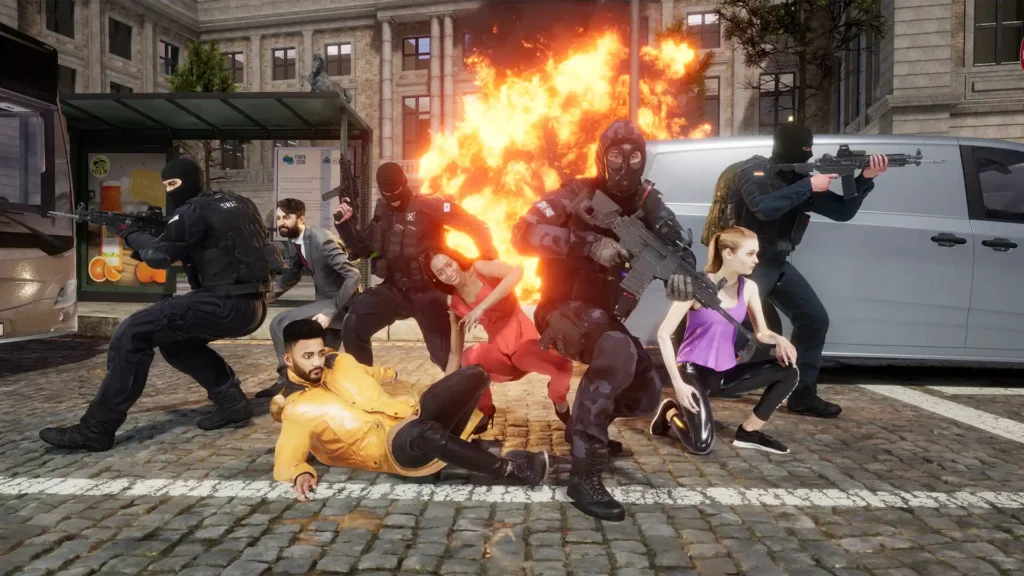 Heavily armed SWAT officers protect civilians during an intense firefight in Alpha Response. A fiery explosion rages in the background as operatives take cover and defend against unseen threats.