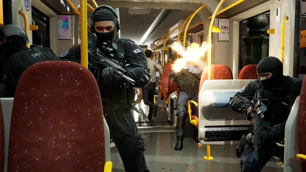 Armed SWAT team members conduct a rescue mission inside a crowded metro train in Alpha Response. Civilians duck for cover while officers engage enemies at close range in a confined space.