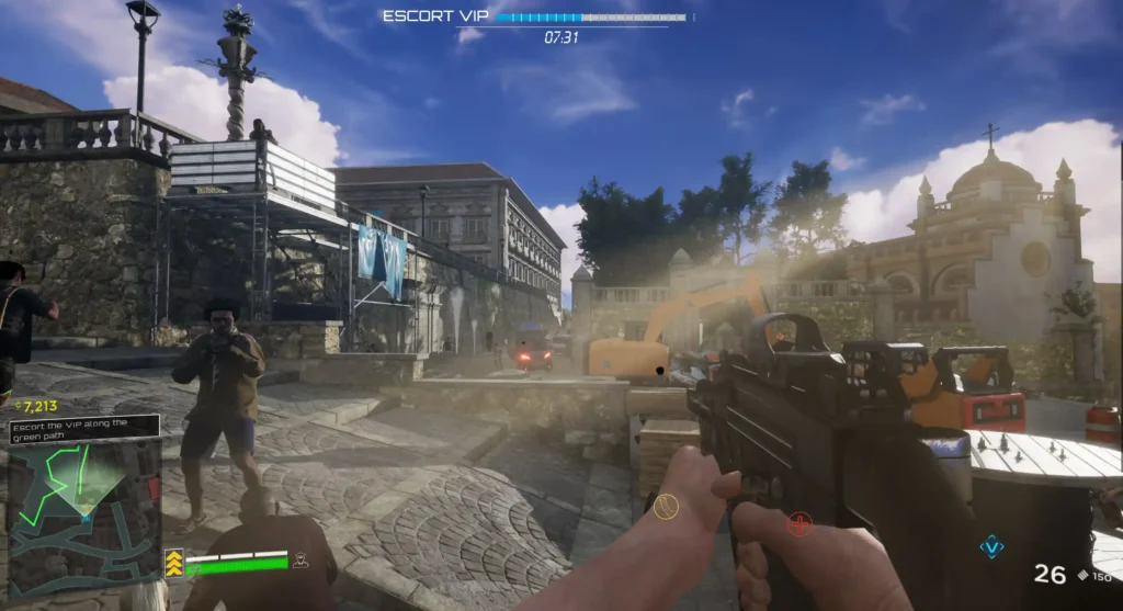 First-person gameplay screenshot from Alpha Response showing a mission to escort a VIP through a busy urban environment. The HUD displays mission progress, map, and ammo count as enemies approach.