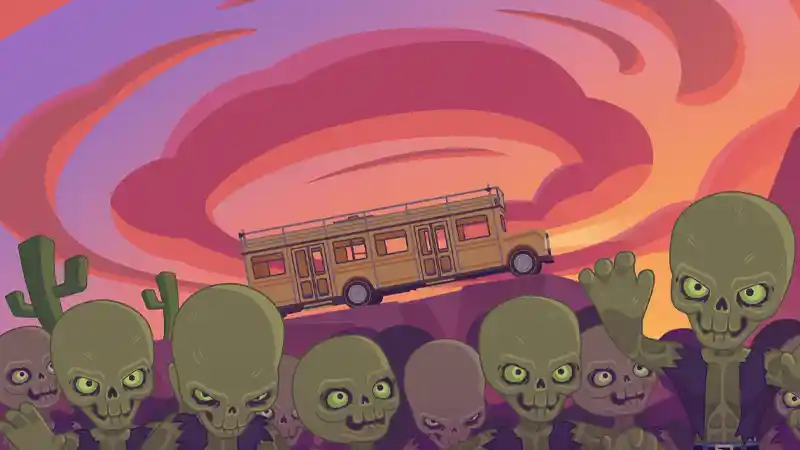 Gameplay screenshot from BUS: Bro U Survived showing a character near a cliff and a bus in a post-apocalyptic desert environment