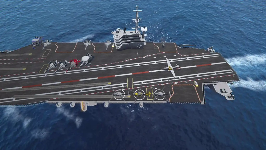 Aircraft carrier flight deck with jets and crew preparing for launch in Carrier Deck game