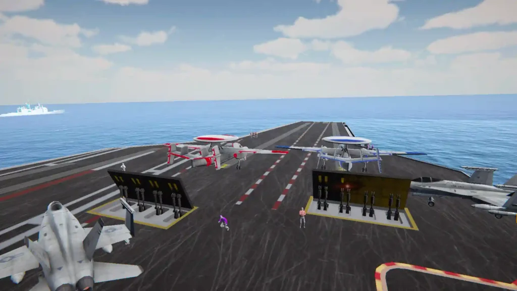 View of the aircraft carrier flight deck with fighter jets ready for launch in Carrier Deck game