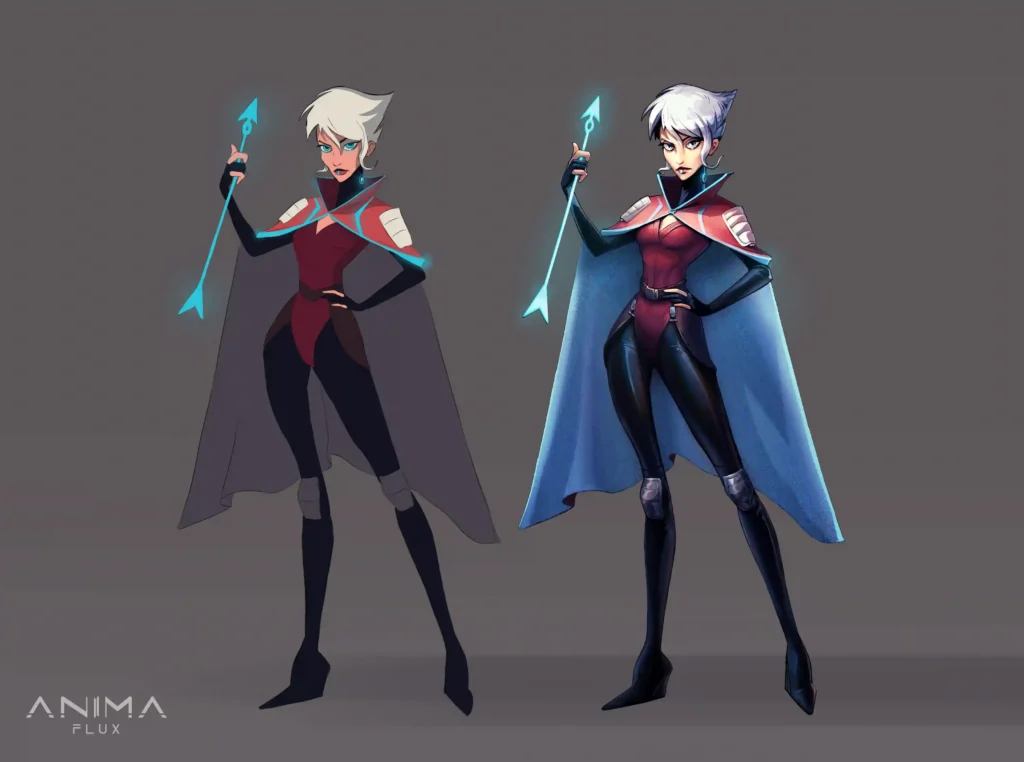 Side-by-side comparison of early concept art and final design of a main female character in Anima Flux, showcasing the transition from sketch to fully rendered hand-drawn art style.