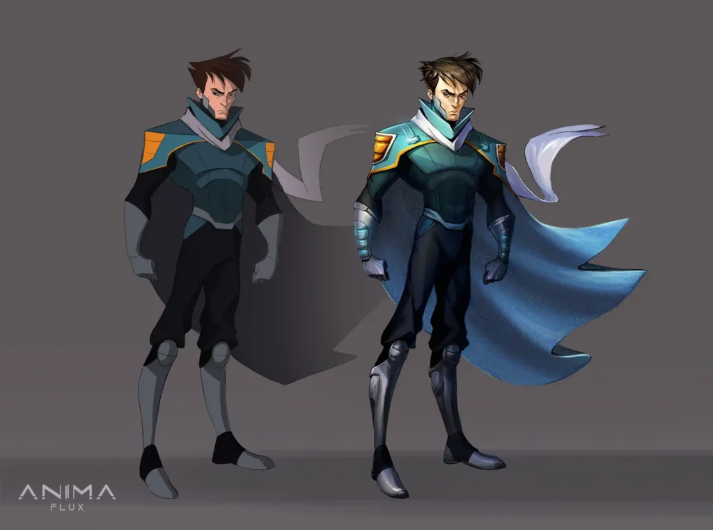 Side-by-side artwork of the male protagonist from Anima Flux, showing early concept art next to the final detailed hand-drawn design with sci-fi armor and cape.