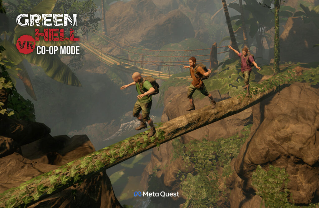 Three Green Hell VR players carefully walk across a fallen tree over a cliff in the Amazon jungle during co-op gameplay on Meta Quest.
