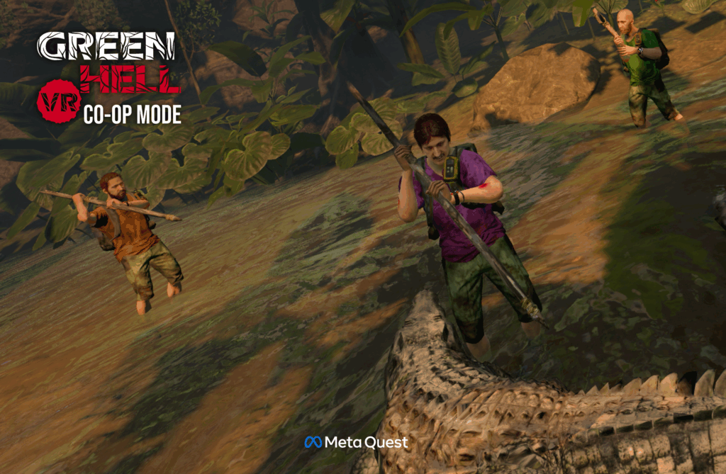Three Green Hell VR co-op players confront a crocodile in shallow jungle waters, armed with spears during Meta Quest gameplay.
