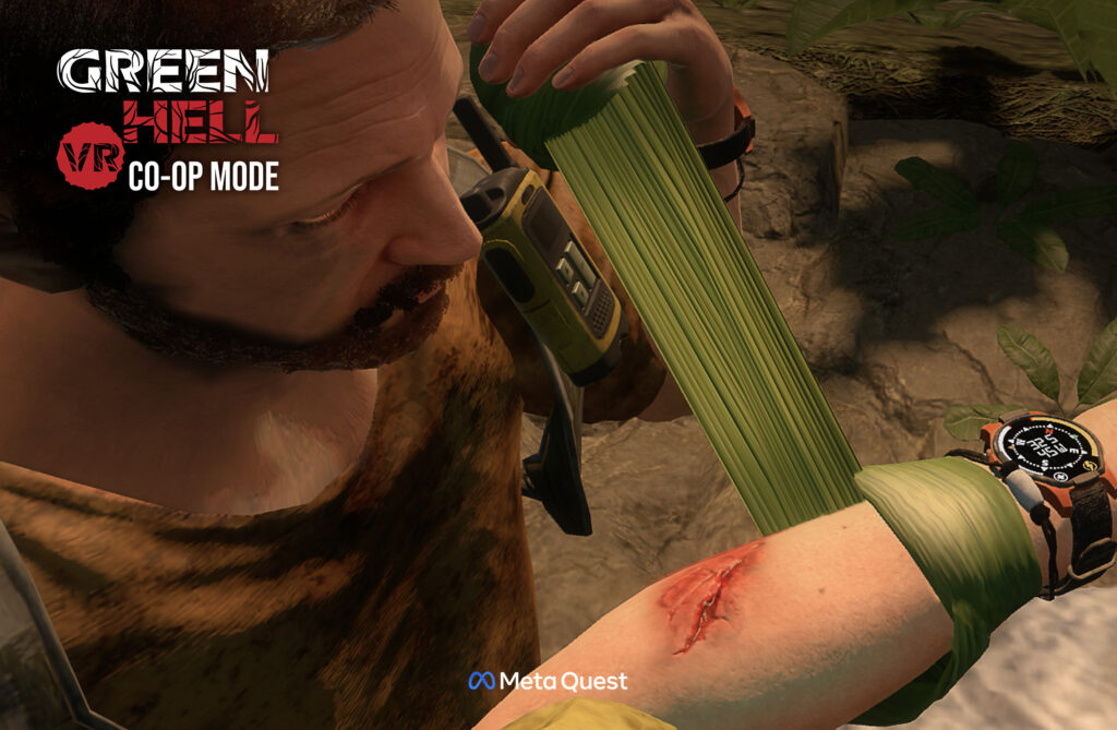Close-up of a Green Hell VR player wrapping a leaf bandage around a wounded arm during co-op gameplay on Meta Quest.