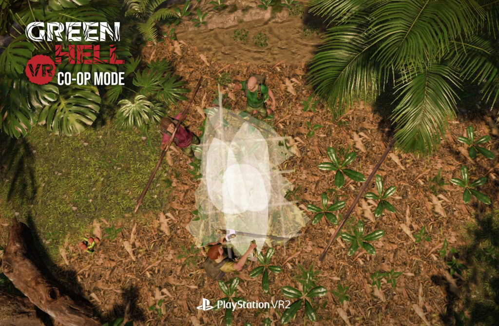 Top-down view of Green Hell VR co-op players working together to build a shelter in the jungle on PlayStation VR2.