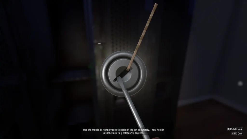 First-person view of a door lock being picked using a tension wrench and pick tool in Crime Simulator, showcasing stealth gameplay mechanics.

