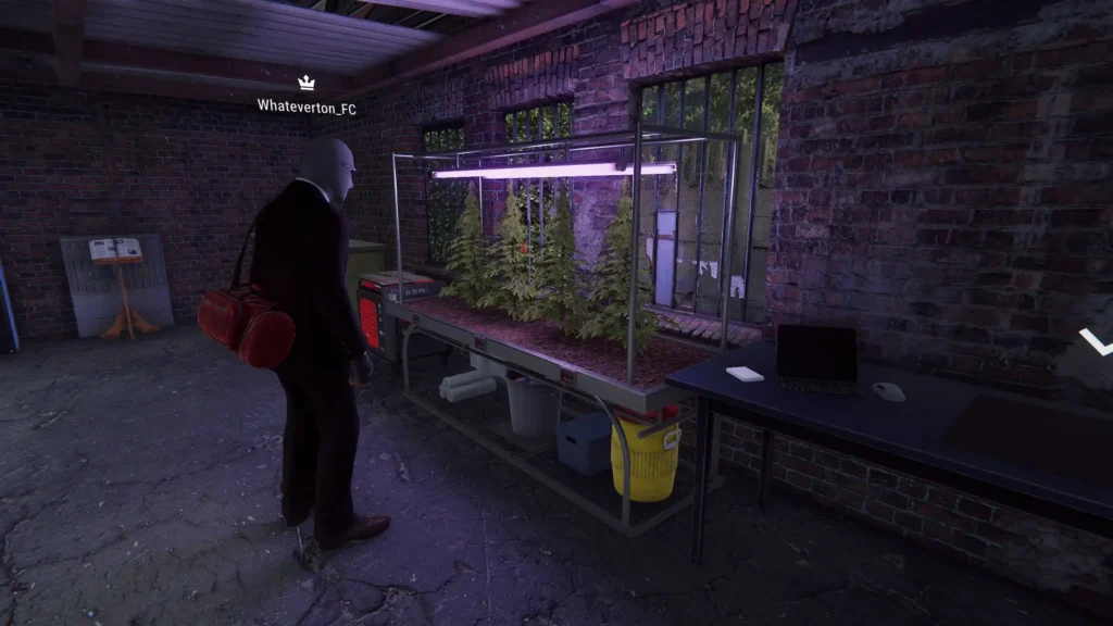 Player character exploring an indoor grow operation with hydroponic plants and UV lighting in Crime Simulator, highlighting stealth and crime scene environments.