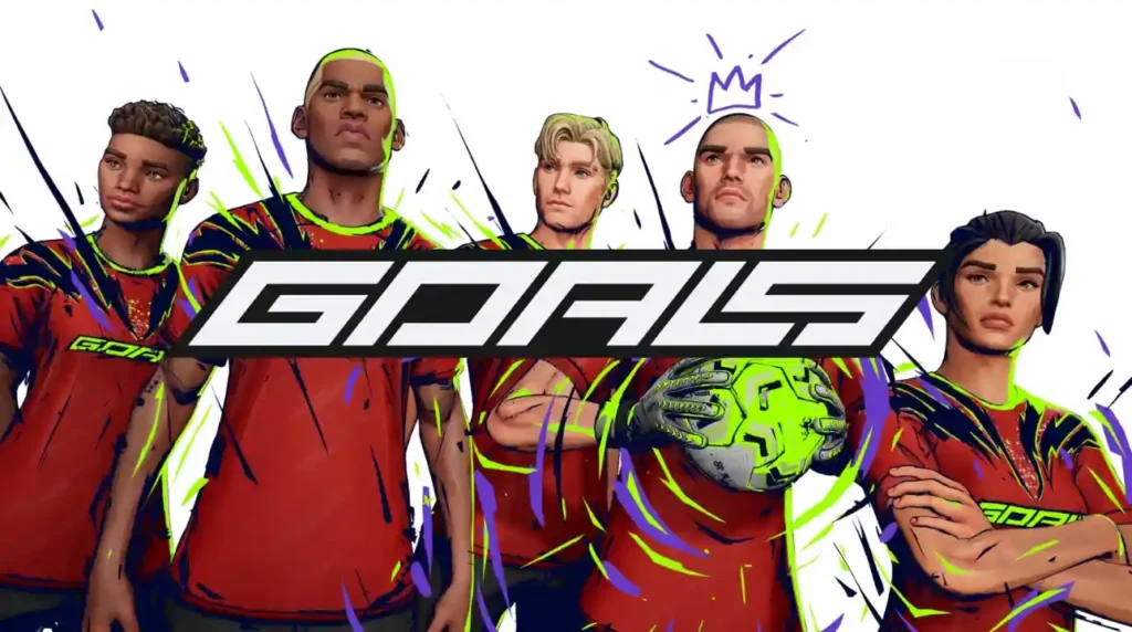 Stylized team of six football players wearing red GOALS jerseys with the GOALS logo centered, featuring bold neon accents and dynamic paint-streak effects