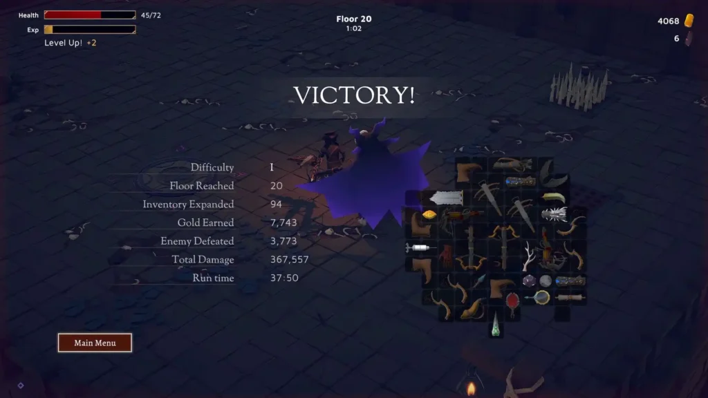 Victory screen from God of Weapons with final stats