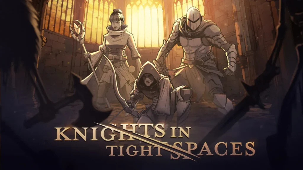Knights in Tight Spaces promotional artwork showing armored knights gathered in a dimly lit corridor.