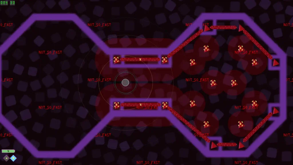 BitLiberator gameplay showing a level filled with red corrupted programs marked "NOT_SO_FAST" and purple digital barriers