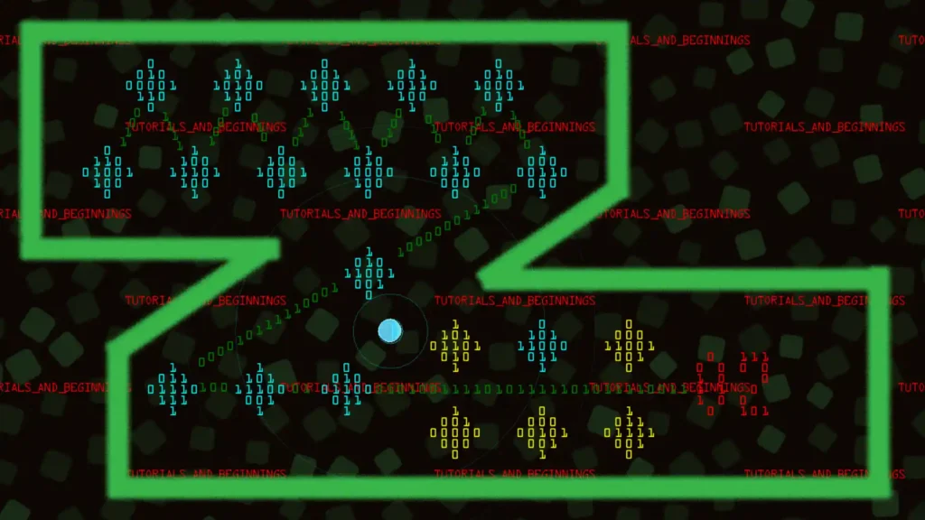 BitLiberator tutorial level with blue, yellow, and red binary-coded programs surrounded by green digital walls