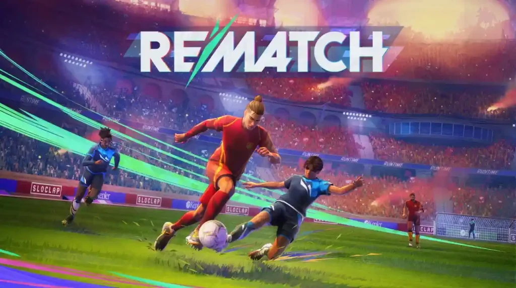 REMATCH and GOALS promotional artwork showing stylized football players mid-match on a futuristic field with Earth in the background, featuring bold logos for both games