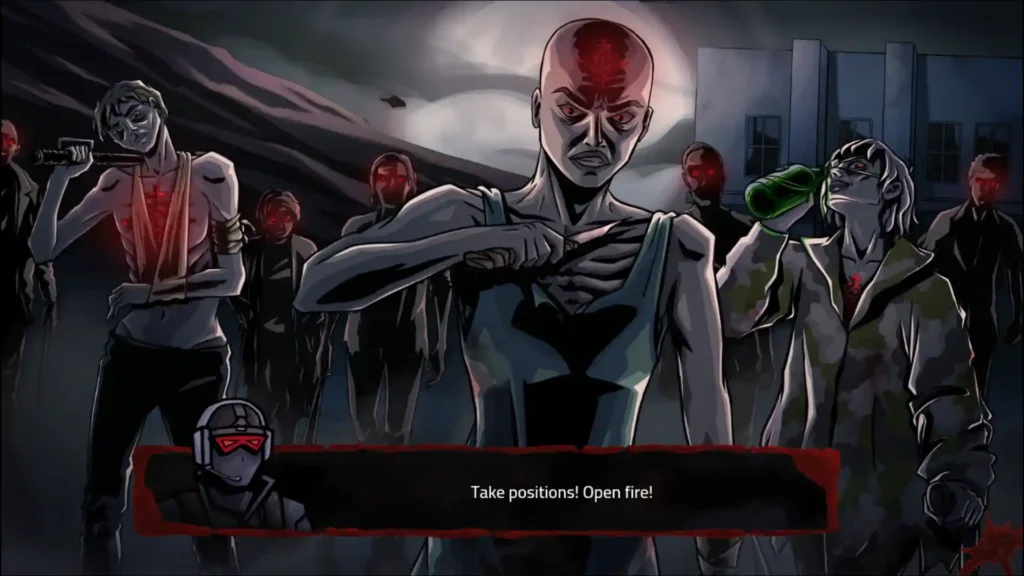 A group of red-eyed, cult-like figures with glowing symbols on their foreheads confront the viewer under a stormy sky. One prepares to stab their chest while another drinks from a green bottle. A soldier in the foreground shouts, “Take positions! Open fire!”