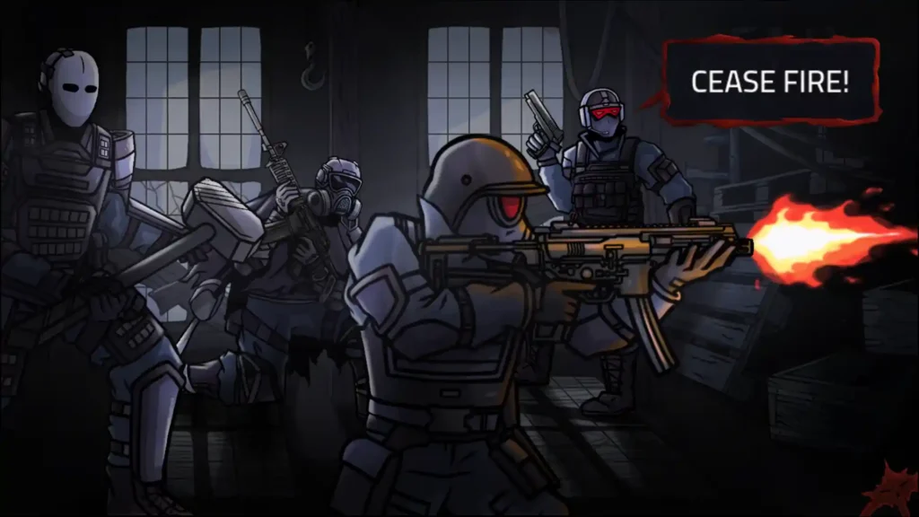 A squad of heavily armed soldiers in tactical gear and masks breach a dark room, one firing an assault rifle while another shouts “CEASE FIRE!” amid flickering muzzle flash and scattered crates.

