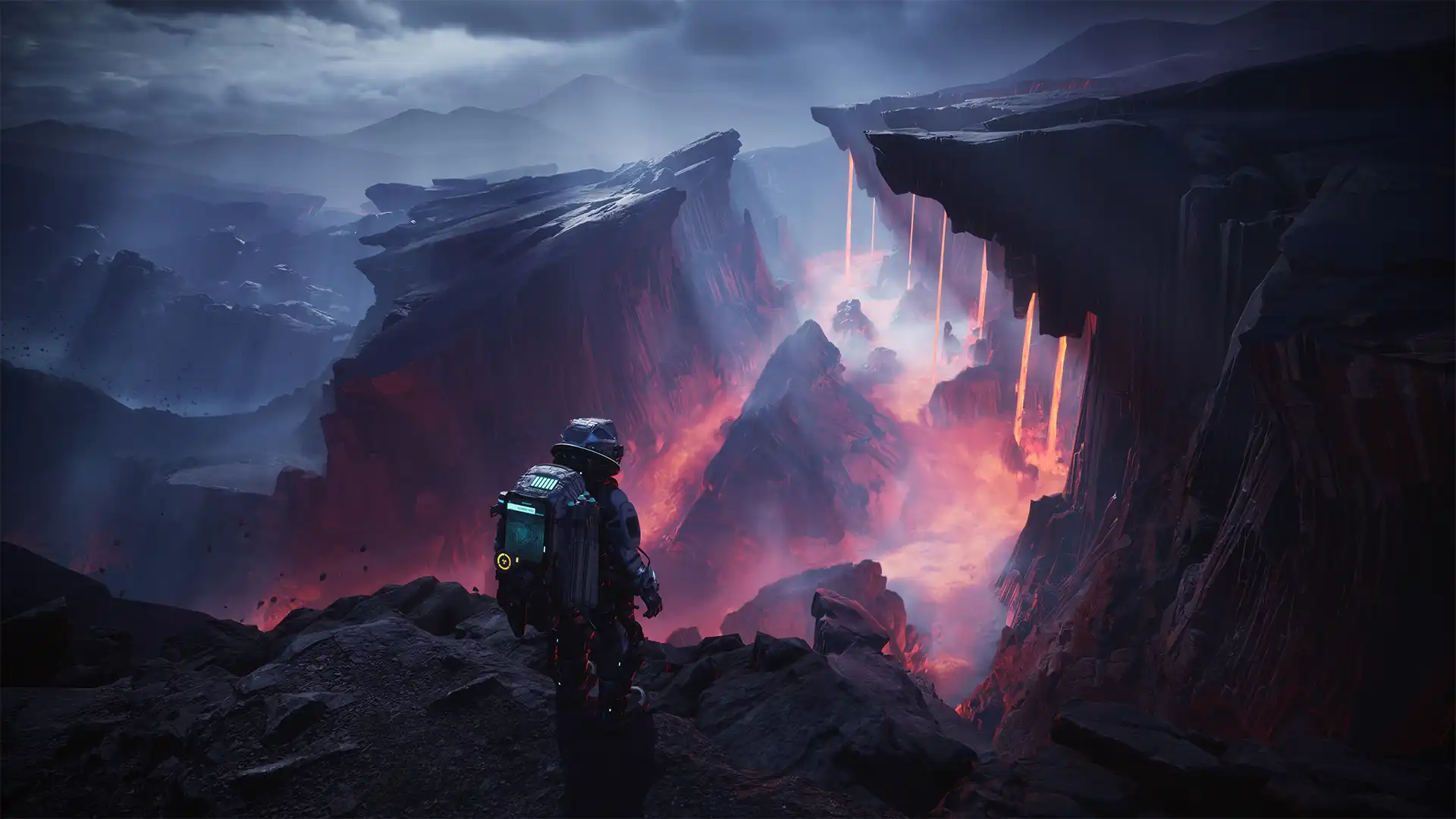 Jan Dolski stands before a dramatic alien landscape and glowing red canyons in The Alters.