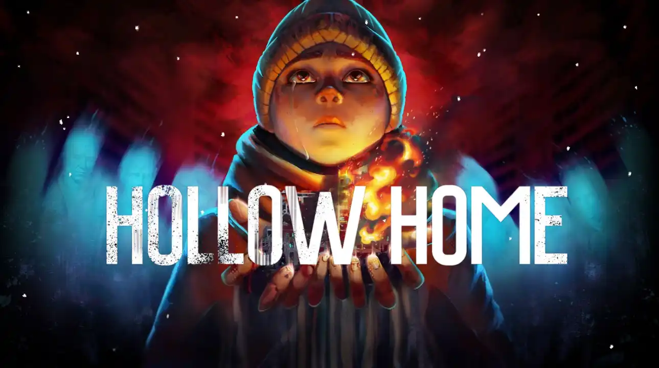Banner image for Hollow Home featuring the main character and game logo, with dramatic lighting and a city backdrop.