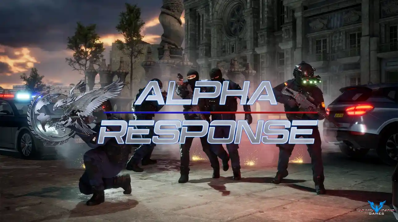 Alpha Response promotional artwork showing heavily armed police operatives in front of a cathedral, with flashing lights and smoke effects. The game logo is centered across the image.