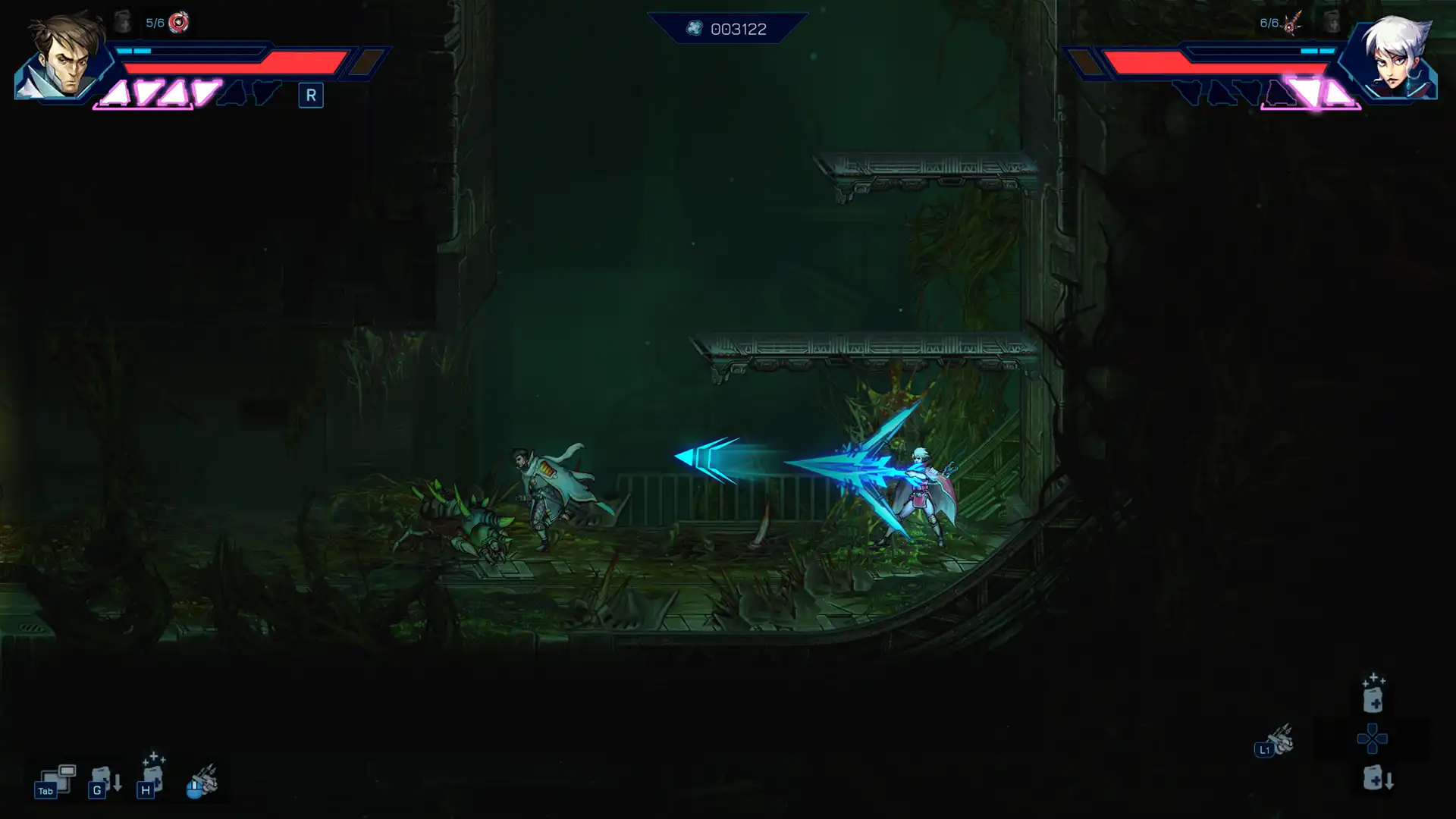 Anima Flux gameplay screenshot showing co-op action in a dark, overrun corridor with plant-infested walls, vertical platforms, and glowing projectile combat.