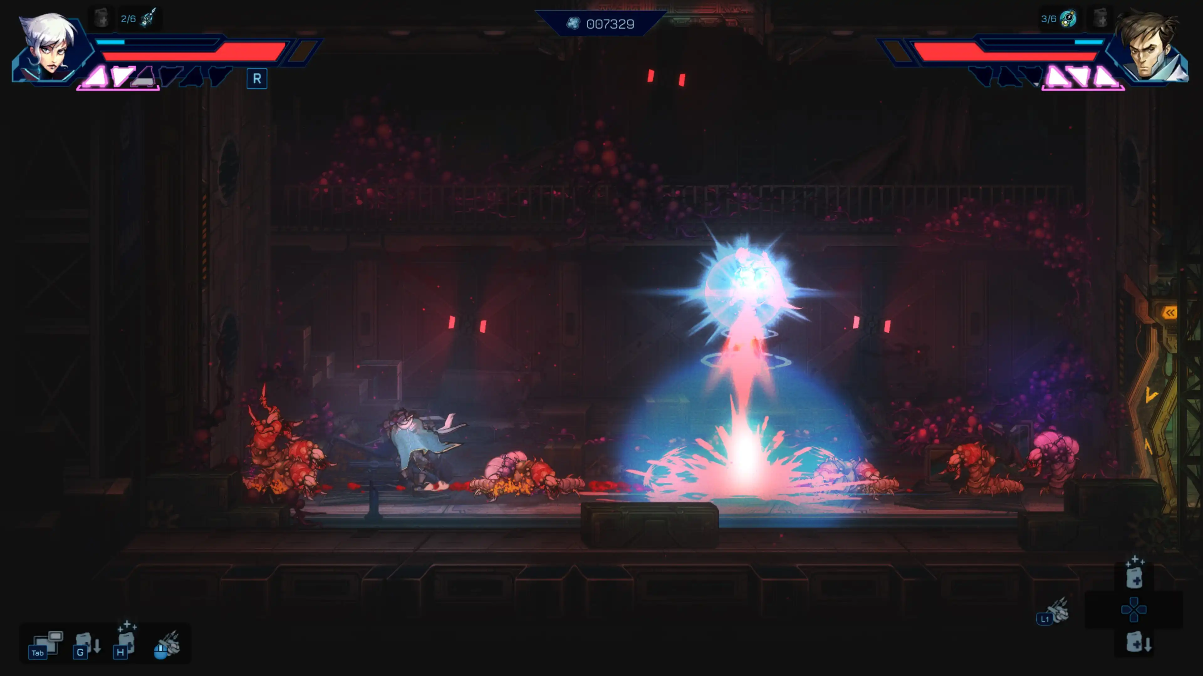 Gameplay screenshot showing a combat sequence with AoE blast effect in Anima Flux, highlighting the sci-fi energy visuals and co-op dynamics.
